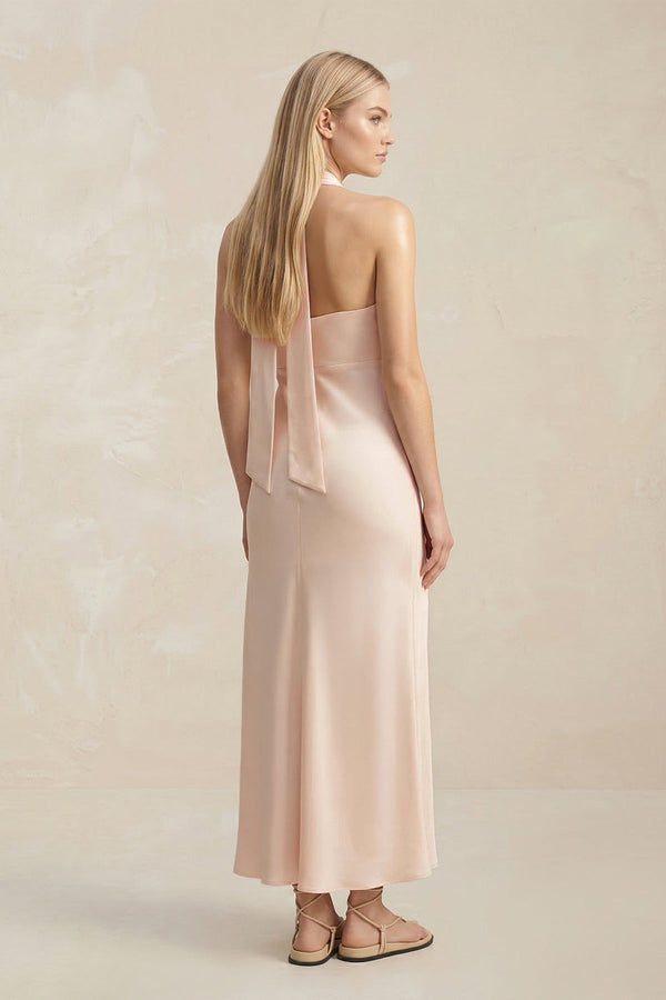 Halter Keyhole Sheath Midi Bridesmaid Dress in Buttercream - SHE IS ME Bridesmaid Dresses