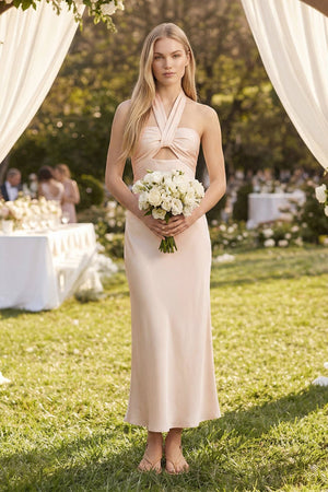 Halter Keyhole Sheath Midi Bridesmaid Dress in Buttercream - SHE IS ME Bridesmaid Dresses