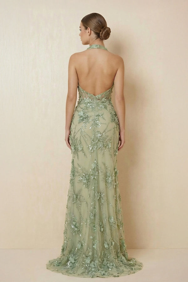 Halter Mermaid Floral Backless Maxi Dress in Sage - SHE IS ME 