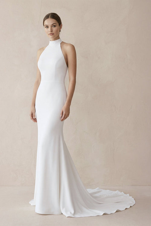 Halter Mermaid Satin Wedding Dress With Beading in White - SHE IS ME Wedding Dresses