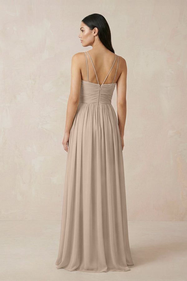 Halter Neck A - Line Chiffon Bridesmaid Dress in Almond - SHE IS ME Bridesmaid Dresses