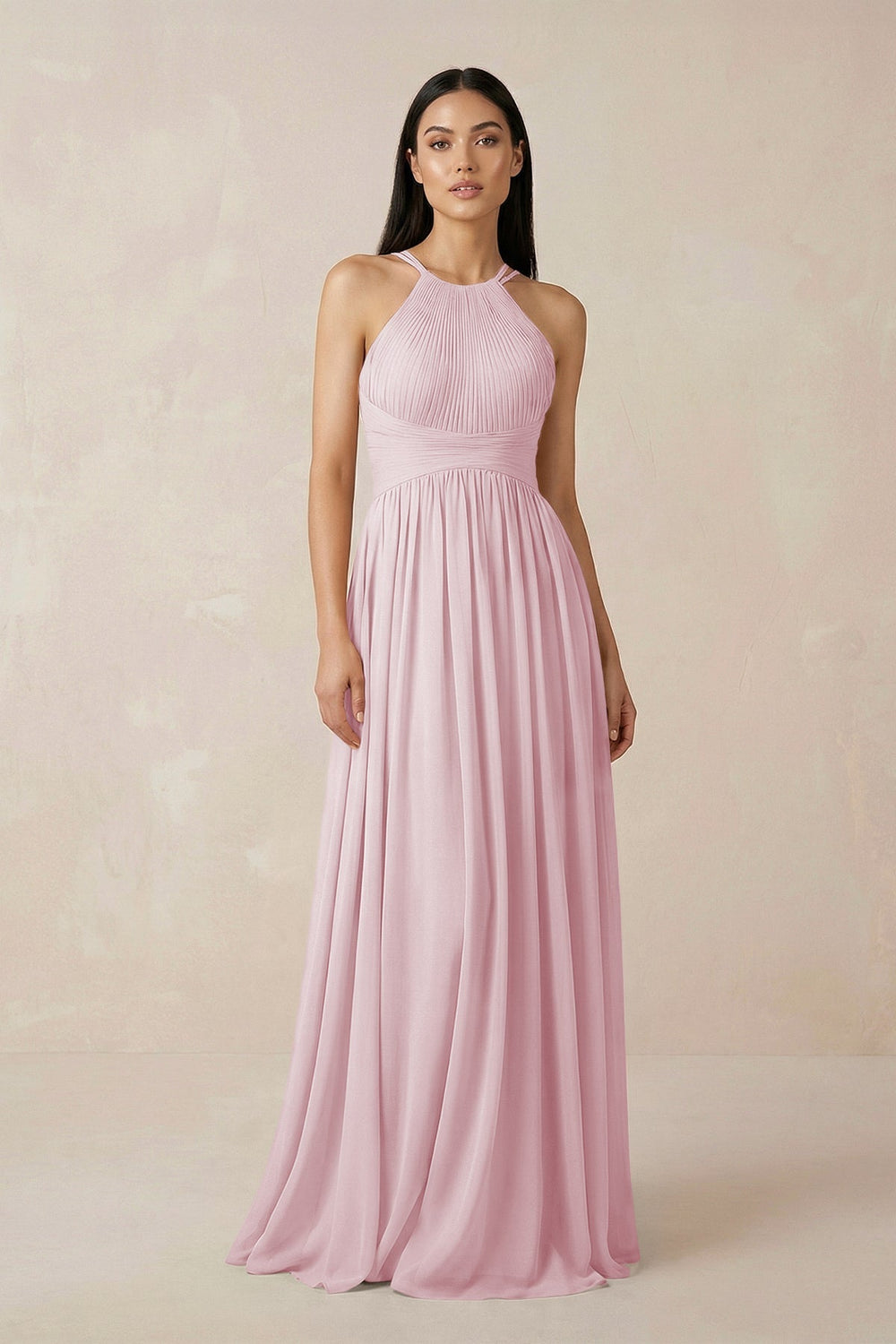 Halter Neck A - Line Chiffon Bridesmaid Dress in Candy Pink - SHE IS ME Bridesmaid Dresses