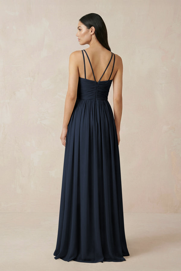 Halter Neck A - Line Chiffon Bridesmaid Dress in Dark Navy - SHE IS ME Bridesmaid Dresses