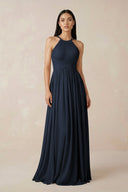 Halter Neck A - Line Chiffon Bridesmaid Dress in Dark Navy - SHE IS ME Bridesmaid Dresses