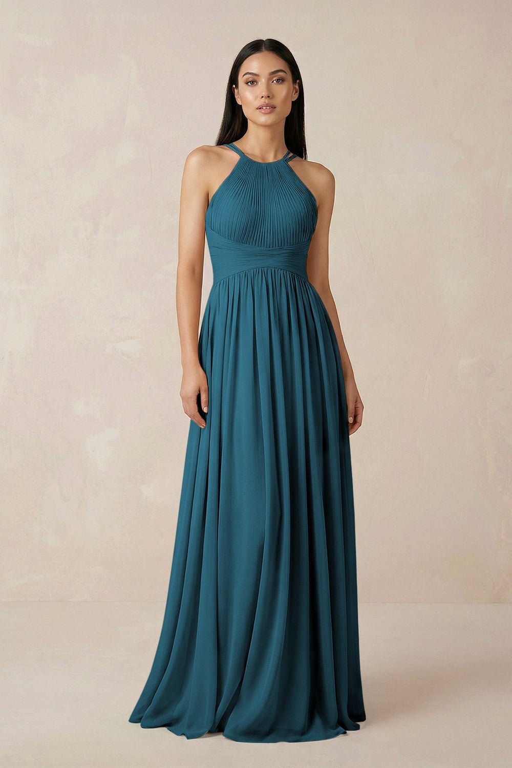 Halter Neck A - Line Chiffon Bridesmaid Dress in Dark Teal - SHE IS ME Bridesmaid Dresses