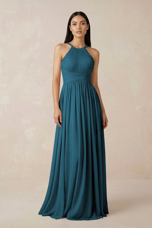 Halter Neck A - Line Chiffon Bridesmaid Dress in Dark Teal - SHE IS ME Bridesmaid Dresses