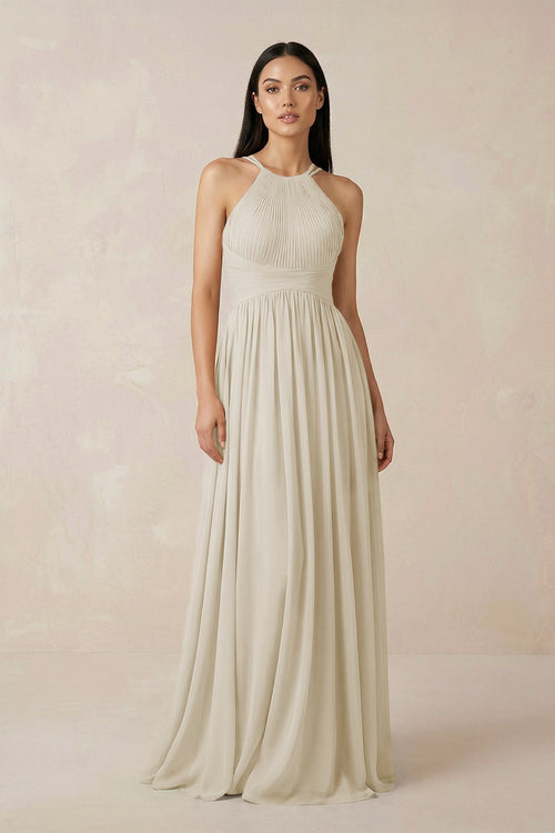 Halter Neck A - Line Chiffon Bridesmaid Dress in Dove Gray - SHE IS ME Bridesmaid Dresses