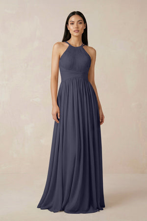 Halter Neck A - Line Chiffon Bridesmaid Dress in Dusk Blue - SHE IS ME Bridesmaid Dresses