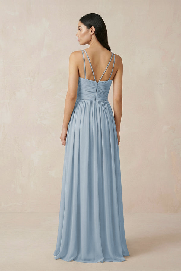 Halter Neck A - Line Chiffon Bridesmaid Dress in Dusty Blue - SHE IS ME Bridesmaid Dresses