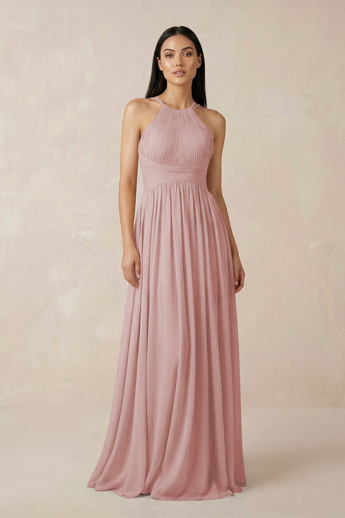 Halter Neck A - Line Chiffon Bridesmaid Dress in Dusty Rose - SHE IS ME Bridesmaid Dresses
