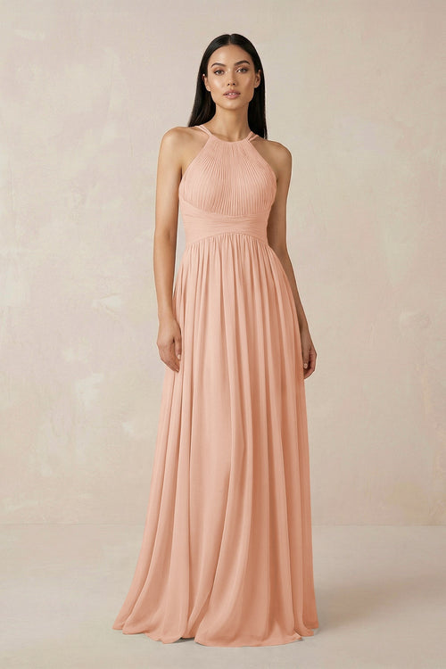 Halter Neck A - Line Chiffon Bridesmaid Dress in English Rose - SHE IS ME Bridesmaid Dresses