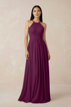 Halter Neck A - Line Chiffon Bridesmaid Dress in Fig - SHE IS ME Bridesmaid Dresses