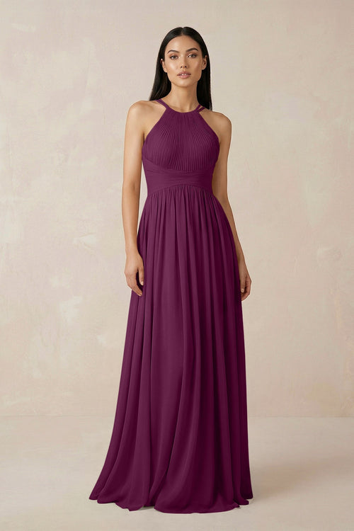 Halter Neck A - Line Chiffon Bridesmaid Dress in Fig - SHE IS ME Bridesmaid Dresses