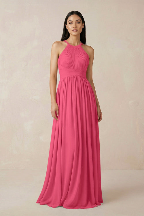 Halter Neck A - Line Chiffon Bridesmaid Dress in Fuchsia - SHE IS ME Bridesmaid Dresses