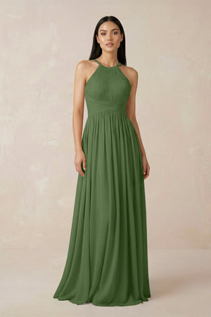Halter Neck A - Line Chiffon Bridesmaid Dress in Moss - SHE IS ME Bridesmaid Dresses