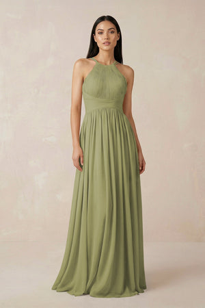 Halter Neck A - Line Chiffon Bridesmaid Dress in Moss Green - SHE IS ME Bridesmaid Dresses