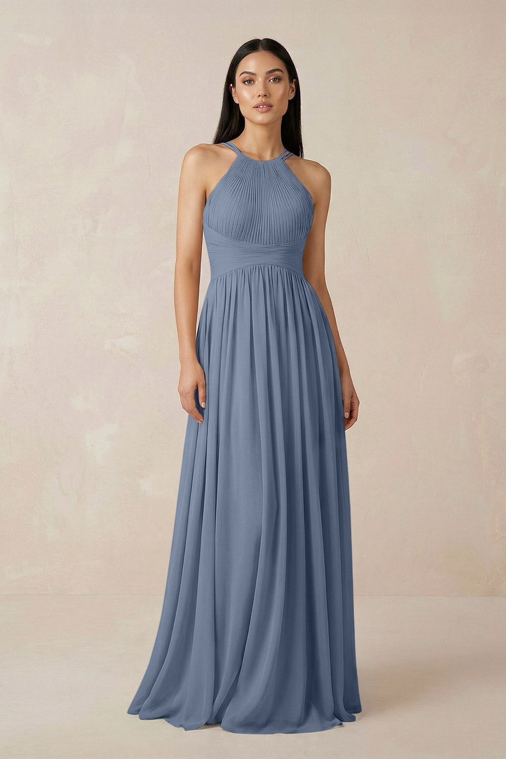 Halter Neck A - Line Chiffon Bridesmaid Dress in Neptune - SHE IS ME Bridesmaid Dresses