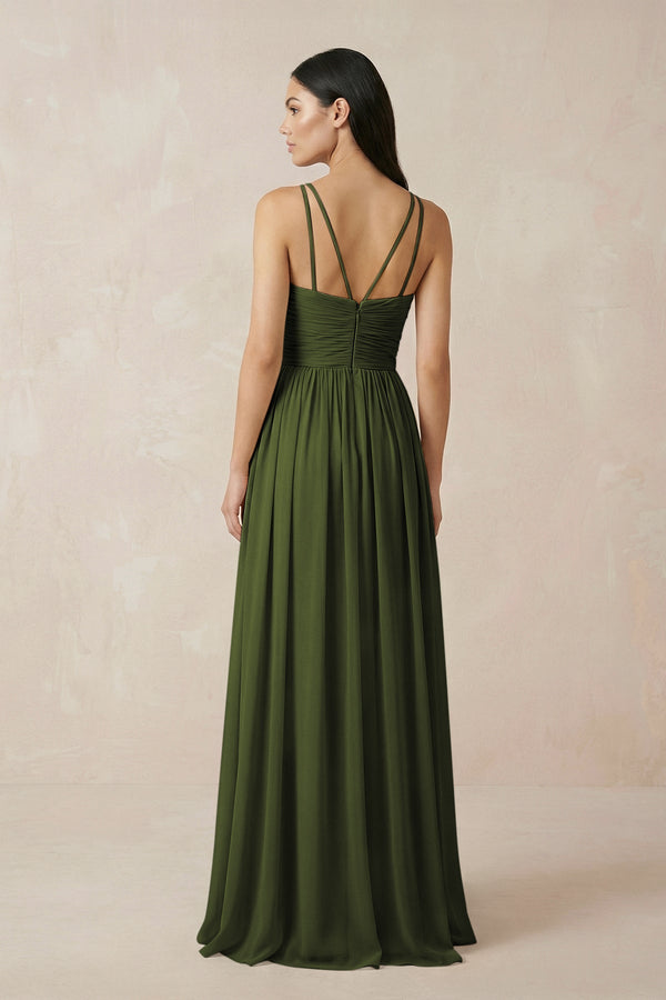 Halter Neck A - Line Chiffon Bridesmaid Dress in Olive - SHE IS ME Bridesmaid Dresses