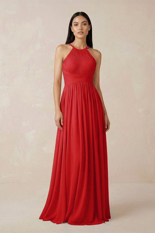 Halter Neck A - Line Chiffon Bridesmaid Dress in Ruby Red - SHE IS ME Bridesmaid Dresses