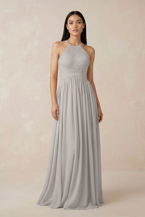 Halter Neck A - Line Chiffon Bridesmaid Dress in Silver - SHE IS ME Bridesmaid Dresses