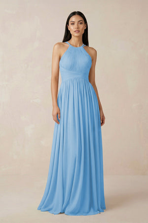 Halter Neck A - Line Chiffon Bridesmaid Dress in Steel Blue - SHE IS ME Bridesmaid Dresses