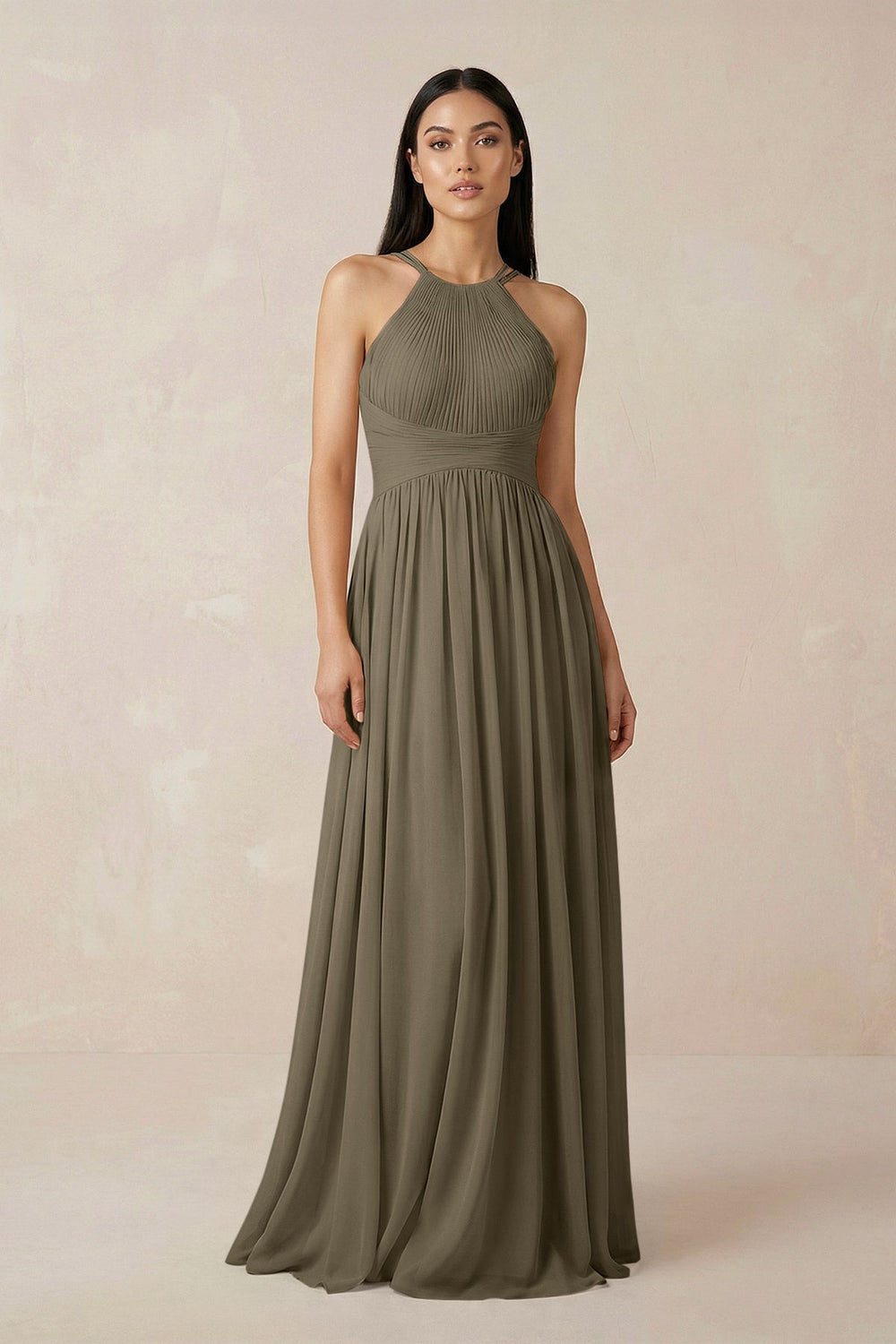 Halter Neck A - Line Chiffon Bridesmaid Dress in Willow Green - SHE IS ME Bridesmaid Dresses