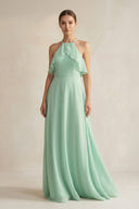 Halter Neck A-Line Chiffon Bridesmaid Dress with Keyhole in Pale Pistachio - SHE IS ME BRIDESMAID DRESSES