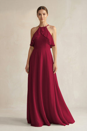 Halter Neck A - Line Chiffon Bridesmaid Dress with Keyhole in Berry - SHE IS ME Bridesmaid Dresses
