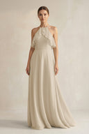 Halter Neck A - Line Chiffon Bridesmaid Dress with Keyhole in Champagne - SHE IS ME Bridesmaid Dresses