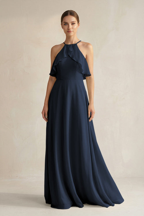 Halter Neck A - Line Chiffon Bridesmaid Dress with Keyhole in Dark Navy - SHE IS ME Bridesmaid Dresses