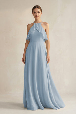 Halter Neck A - Line Chiffon Bridesmaid Dress with Keyhole in Dusty Blue - SHE IS ME Bridesmaid Dresses
