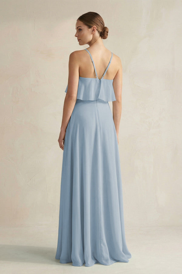 Halter Neck A - Line Chiffon Bridesmaid Dress with Keyhole in Dusty Blue - SHE IS ME Bridesmaid Dresses