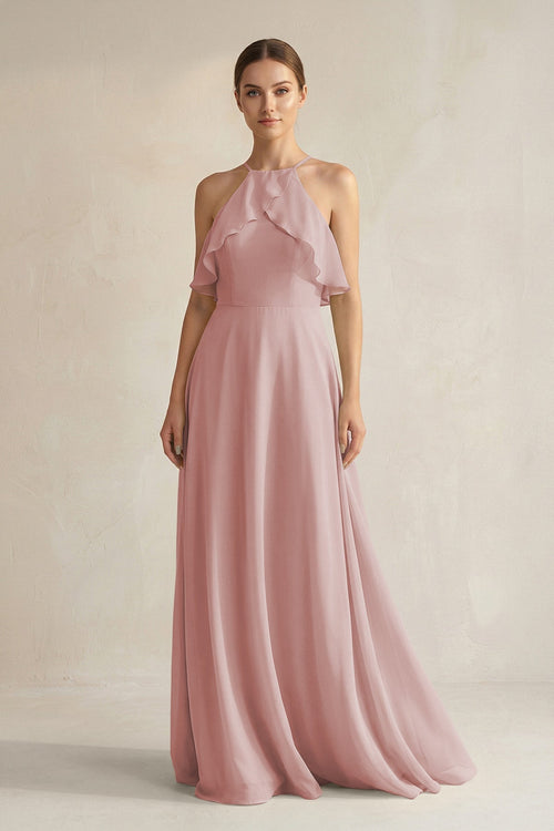 Halter Neck A - Line Chiffon Bridesmaid Dress with Keyhole in Dusty Rose - SHE IS ME Bridesmaid Dresses