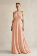 Halter Neck A - Line Chiffon Bridesmaid Dress with Keyhole in English Rose - SHE IS ME Bridesmaid Dresses