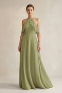 Halter Neck A - Line Chiffon Bridesmaid Dress with Keyhole in Moss Green - SHE IS ME Bridesmaid Dresses