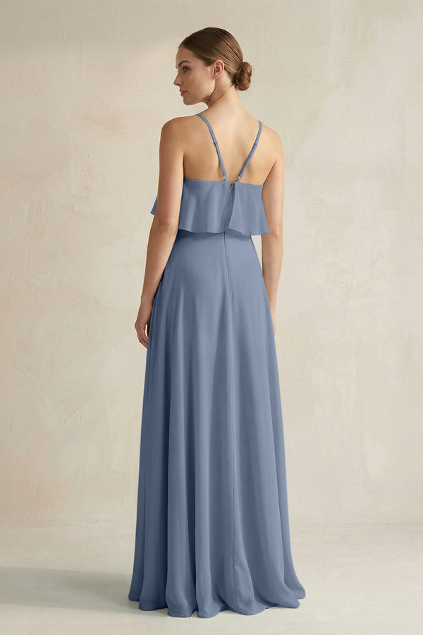 Halter Neck A - Line Chiffon Bridesmaid Dress with Keyhole in Neptune - SHE IS ME Bridesmaid Dresses