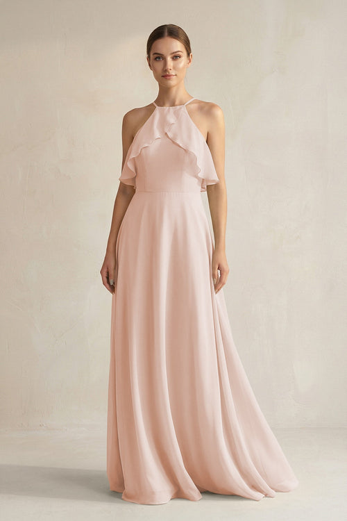 Halter Neck A - Line Chiffon Bridesmaid Dress with Keyhole in Pale Blush - SHE IS ME Bridesmaid Dresses