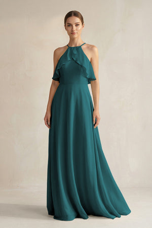 Halter Neck A - Line Chiffon Bridesmaid Dress with Keyhole in Pine - SHE IS ME Bridesmaid Dresses