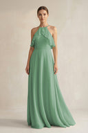 Halter Neck A - Line Chiffon Bridesmaid Dress with Keyhole in Sea Glass - SHE IS ME Bridesmaid Dresses