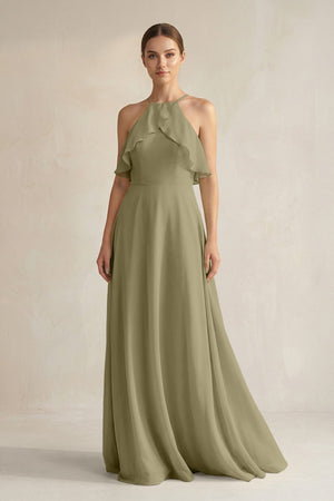 Halter Neck A - Line Chiffon Bridesmaid Dress with Keyhole in Thyme - SHE IS ME Bridesmaid Dresses