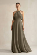 Halter Neck A - Line Chiffon Bridesmaid Dress with Keyhole in Willow Green - SHE IS ME Bridesmaid Dresses