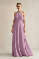 Halter Neck A - Line Chiffon Bridesmaid Dress with Keyhole in Wisteria - SHE IS ME Bridesmaid Dresses
