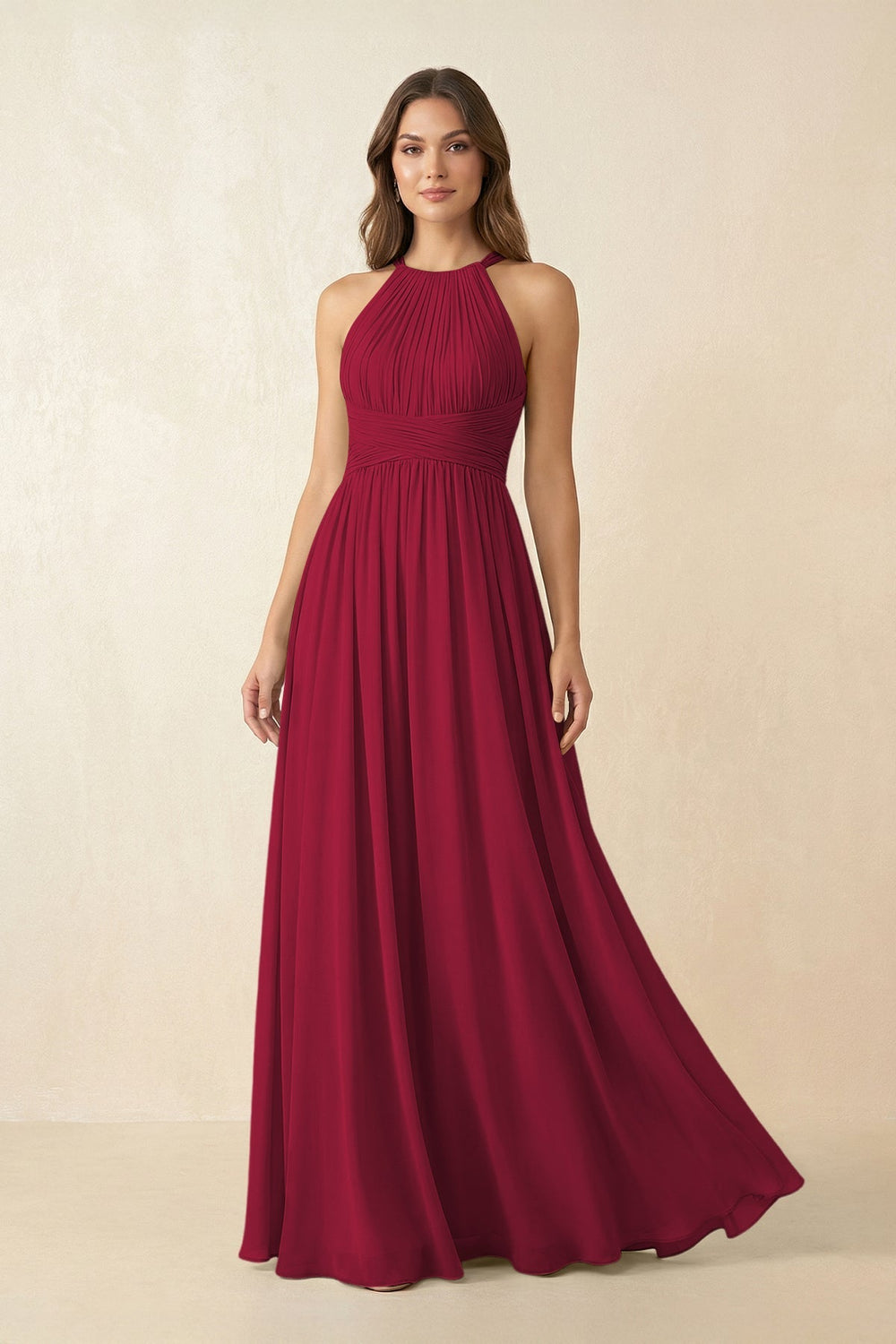 Halter Pleated A - Line Chiffon Bridesmaid Dress in Berry - SHE IS ME Bridesmaid Dresses