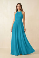 Halter Pleated A - Line Chiffon Bridesmaid Dress in Blue Jay - SHE IS ME Bridesmaid Dresses