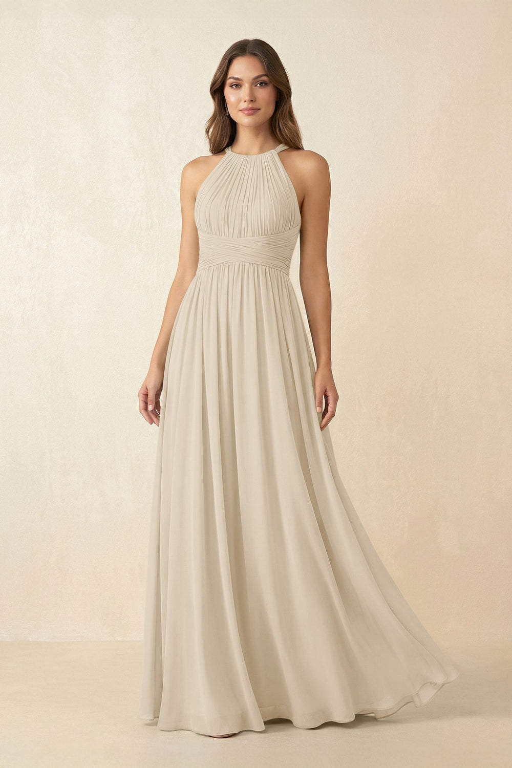 Halter Pleated A - Line Chiffon Bridesmaid Dress in Champagne - SHE IS ME Bridesmaid Dresses