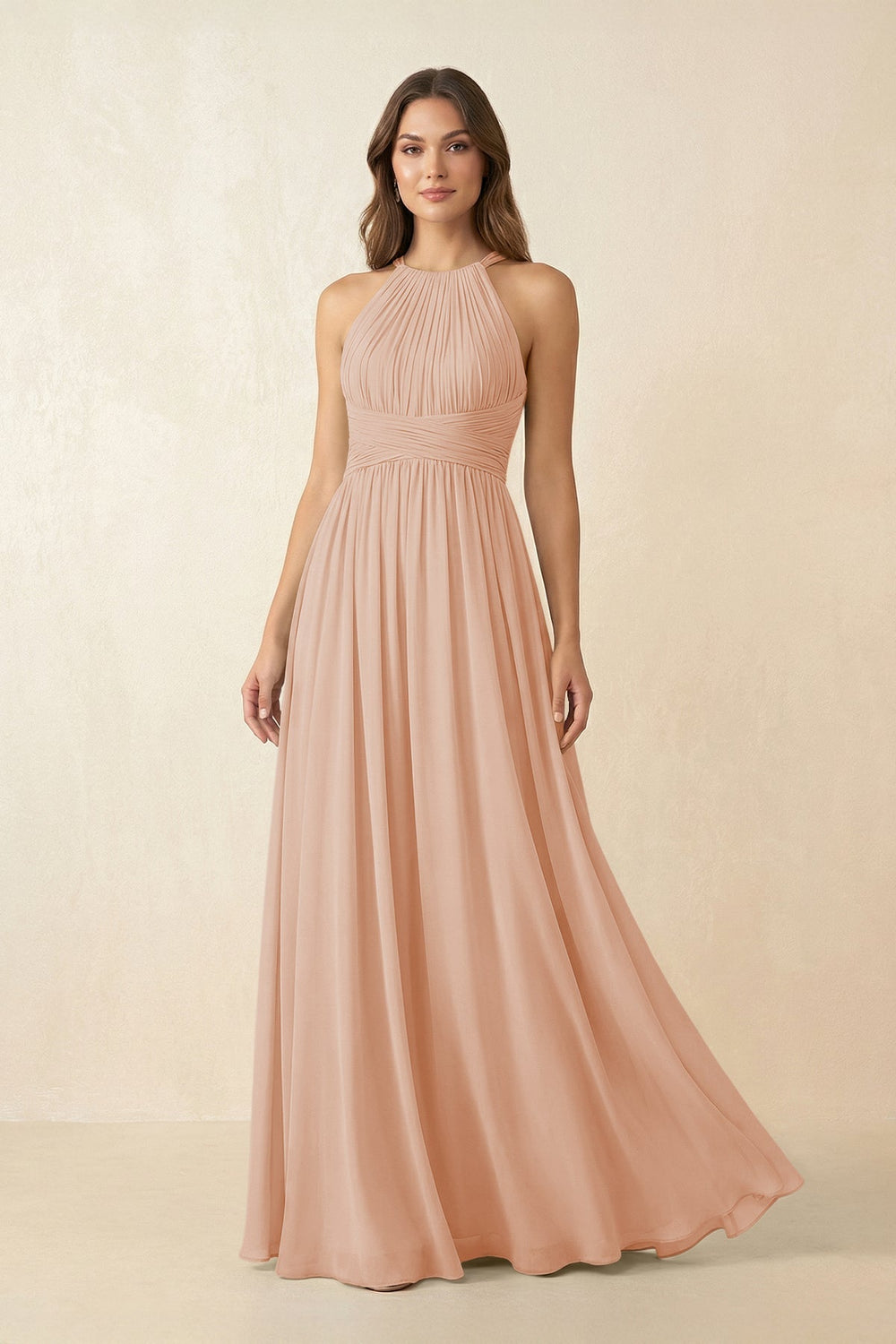 Halter Pleated A - Line Chiffon Bridesmaid Dress in Champagne Rose - SHE IS ME Bridesmaid Dresses