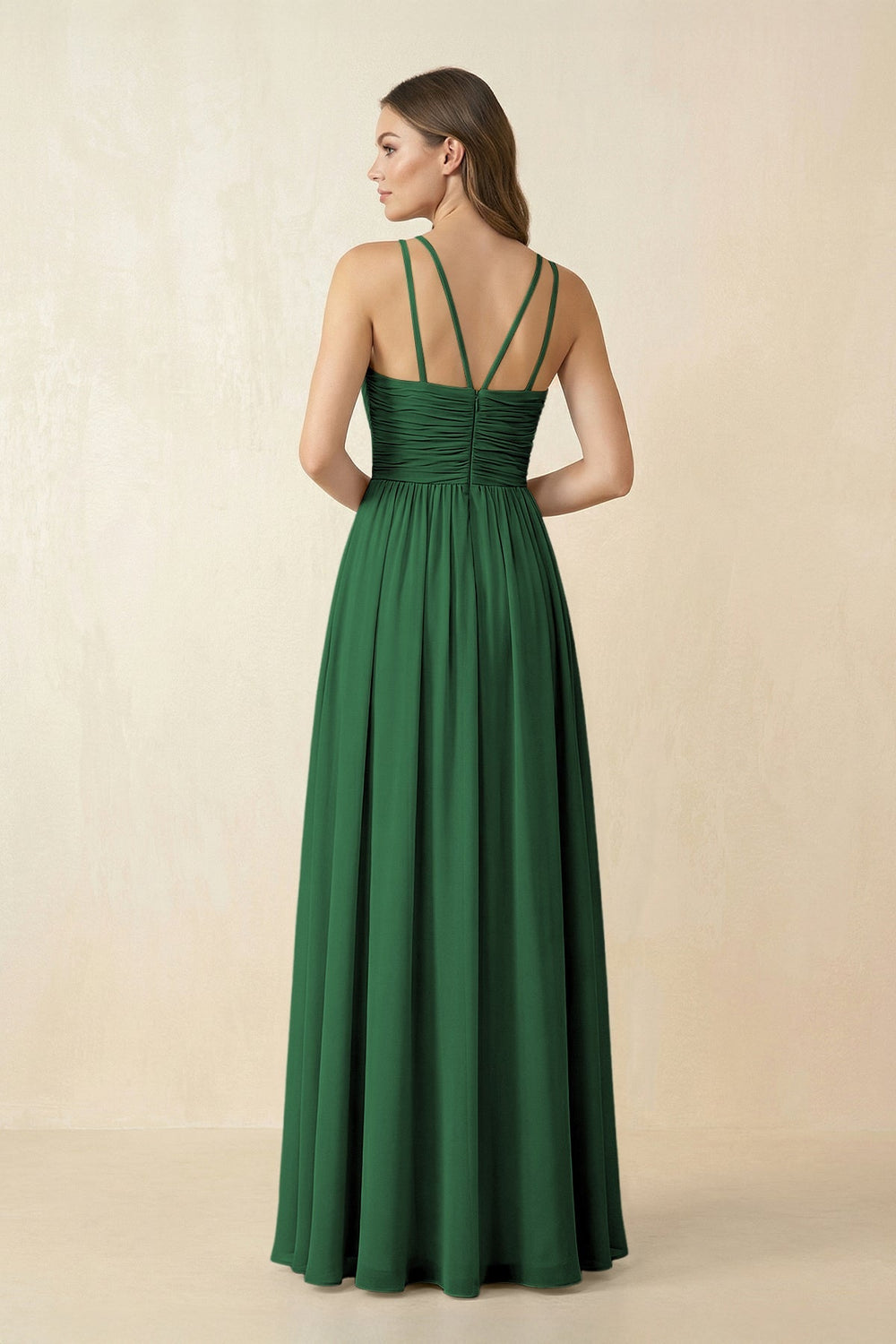 Halter Pleated A - Line Chiffon Bridesmaid Dress in Dark Green - SHE IS ME Bridesmaid Dresses