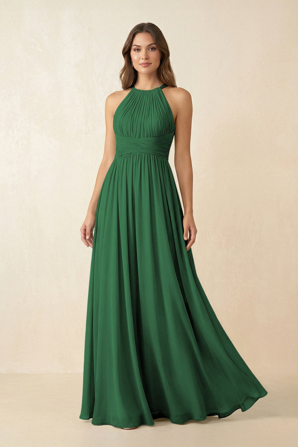 Halter Pleated A - Line Chiffon Bridesmaid Dress in Dark Green - SHE IS ME Bridesmaid Dresses