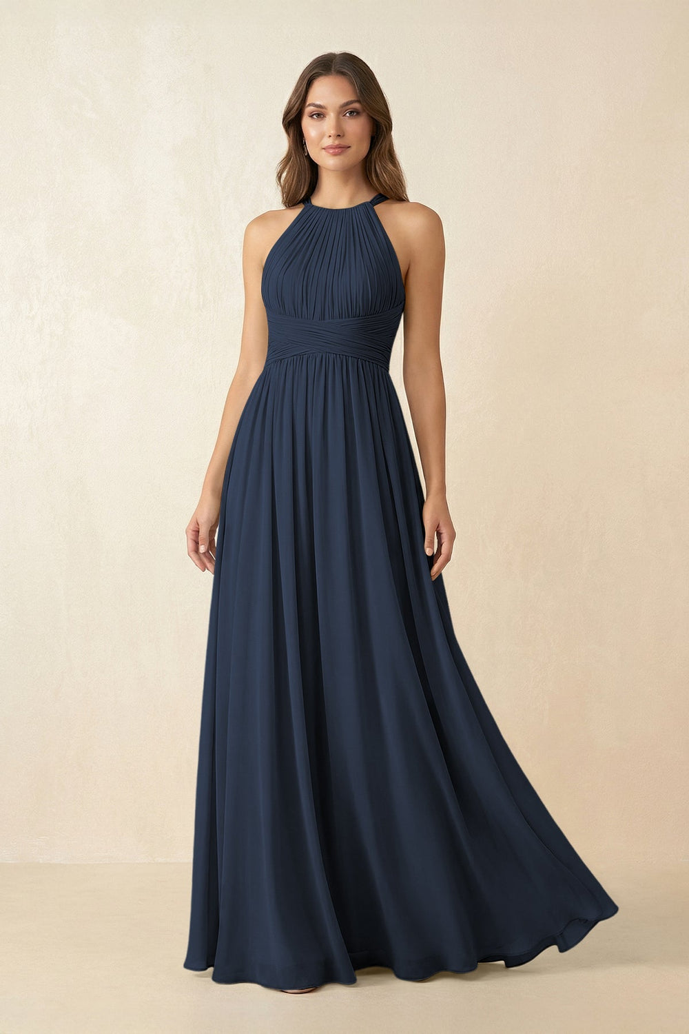 Halter Pleated A - Line Chiffon Bridesmaid Dress in Dark Navy - SHE IS ME Bridesmaid Dresses