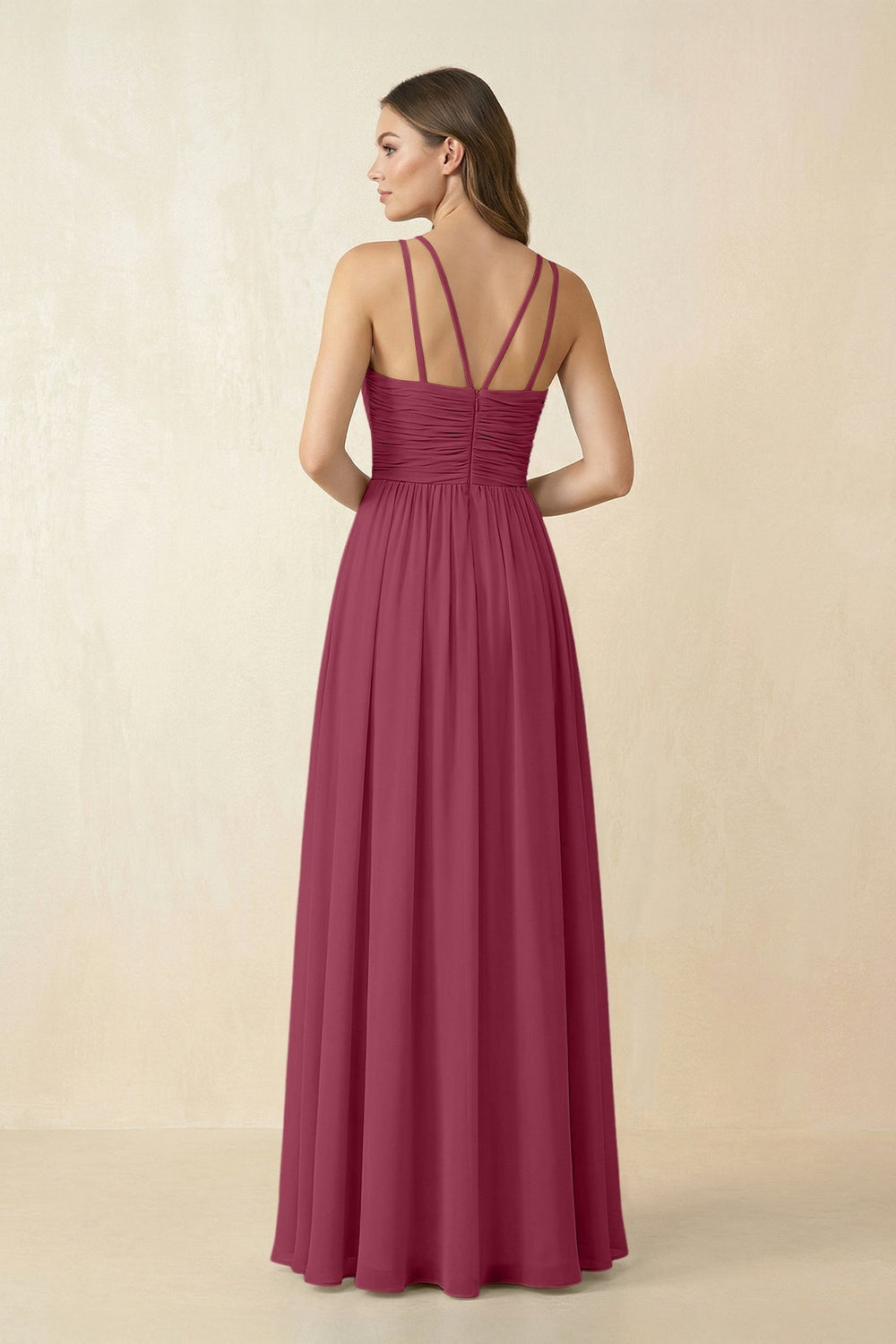 Halter Pleated A - Line Chiffon Bridesmaid Dress in Desert Rose - SHE IS ME Bridesmaid Dresses